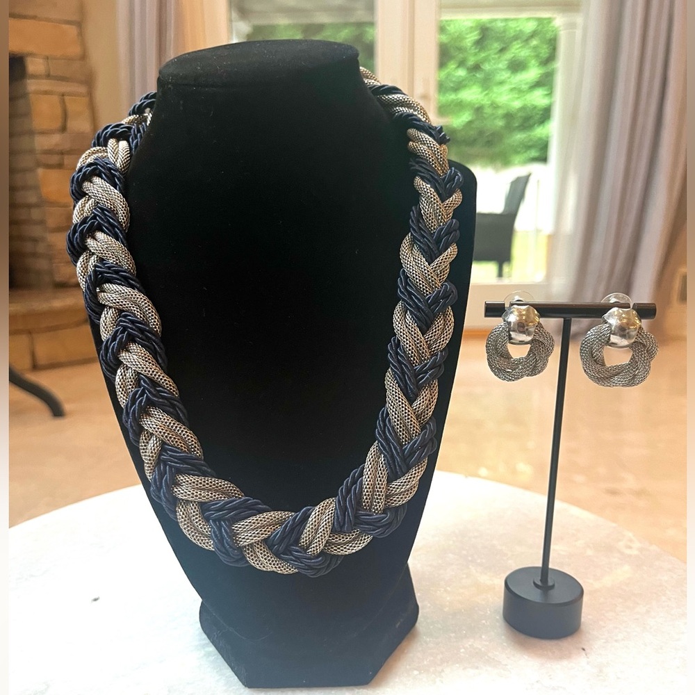 Silver & Marine Blue Choker Necklace Multi-Layer Braided Chains & Earrings
